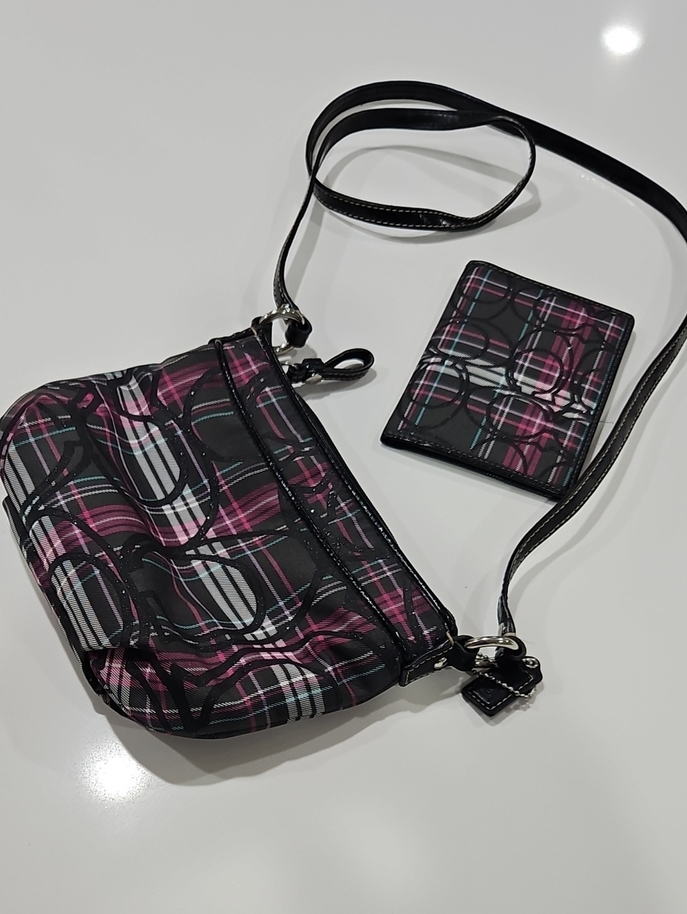 COACH Plaid Crossbody Bag & Card Holder Black with Pink and White Plaid Monogram